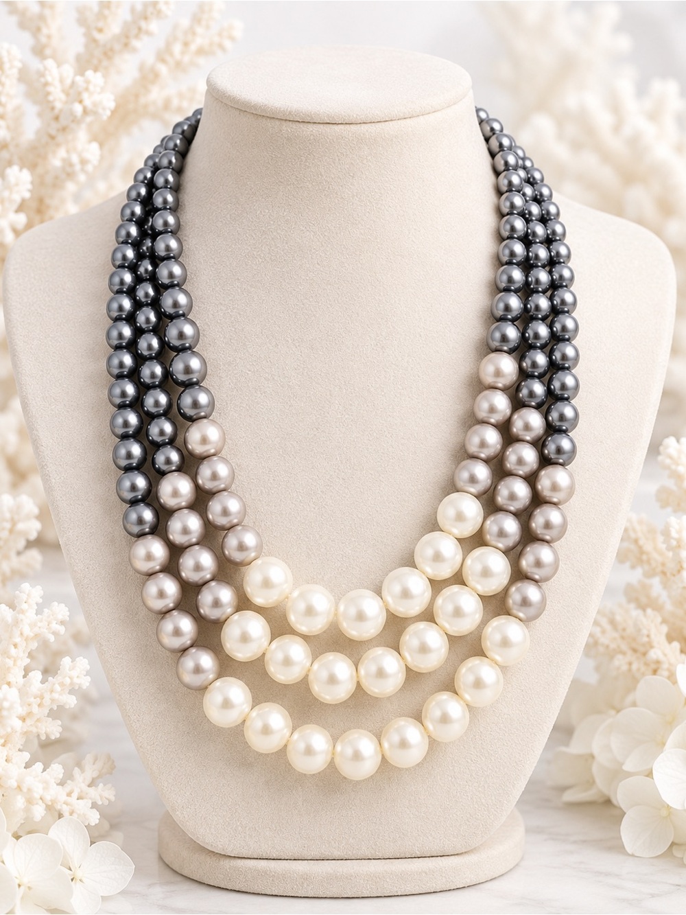 Classic Three-Strand Pearl Necklace in White and Gray